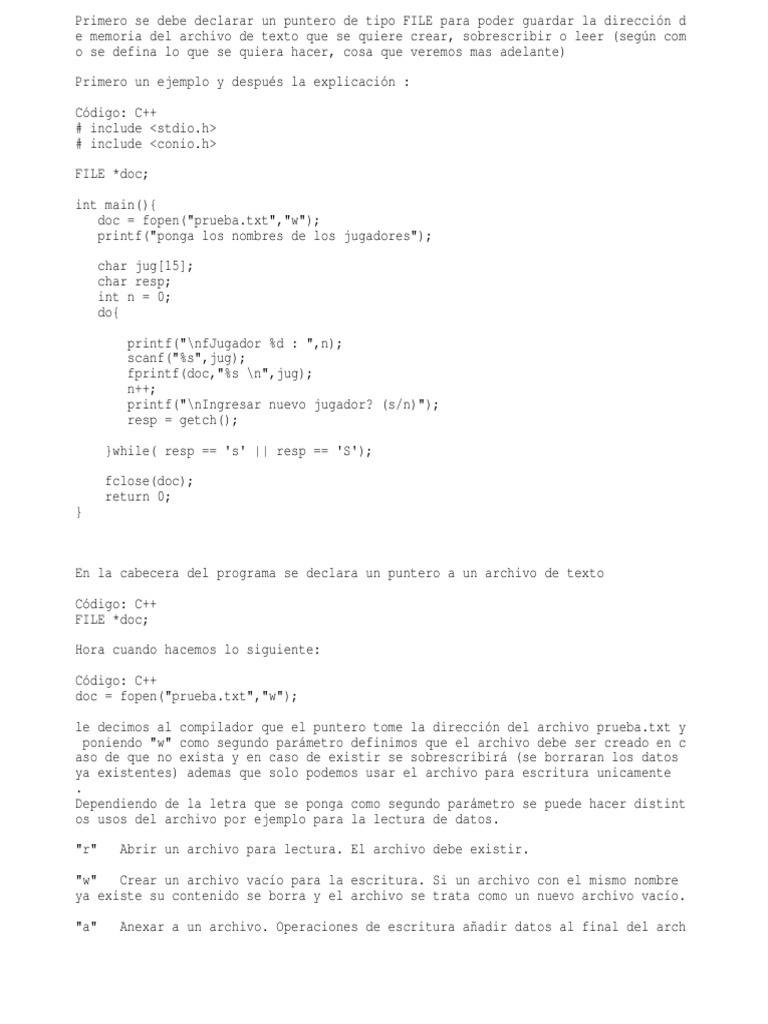 Manejo de Archivos en C y C++ | PDF | C ++ | Puntero (Programación de ...