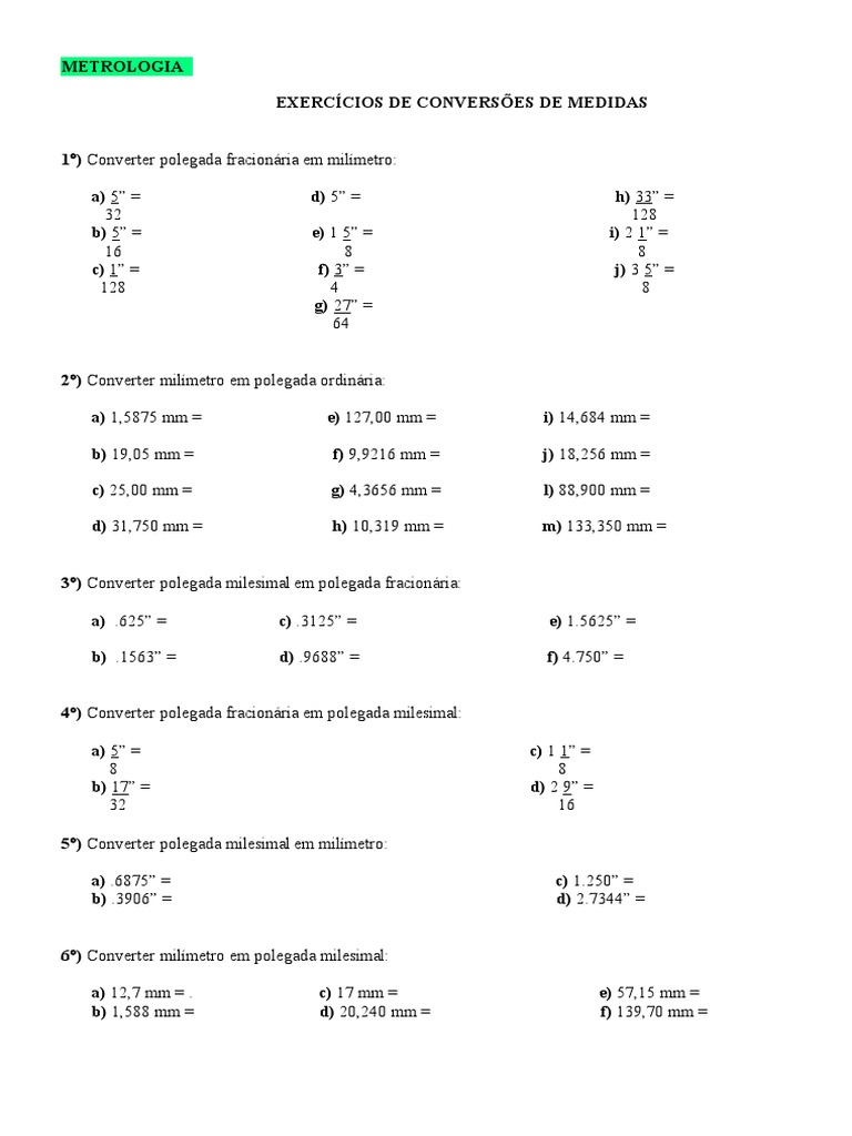 Exercícios Conversão de Medidas | PDF
