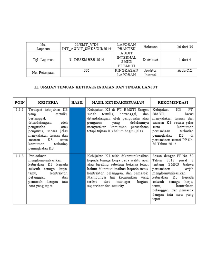 11 Uraian Temuan Ketidaksesuaian Dan Tindak Lanjut