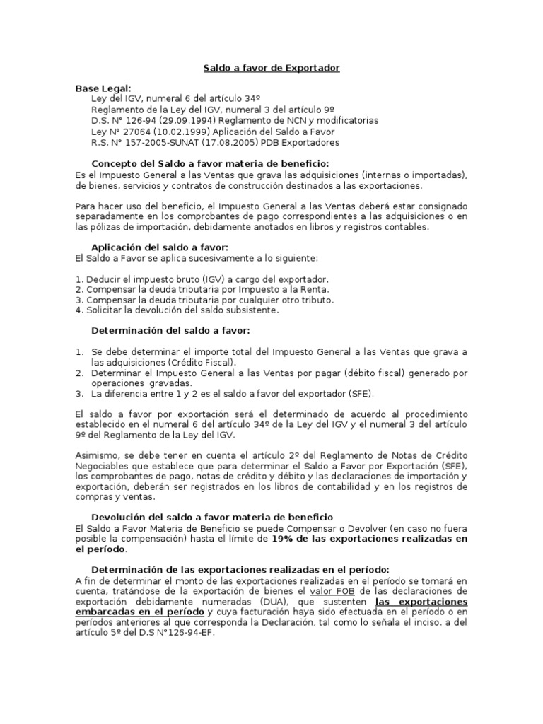 Saldo a Favor del Exportador en IGV | PDF | Impuesto sobre la renta ...
