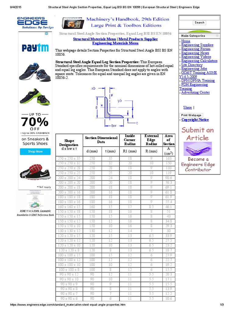 Structural Steel Angle Section Properties, Equal Leg BSI BS en 10056