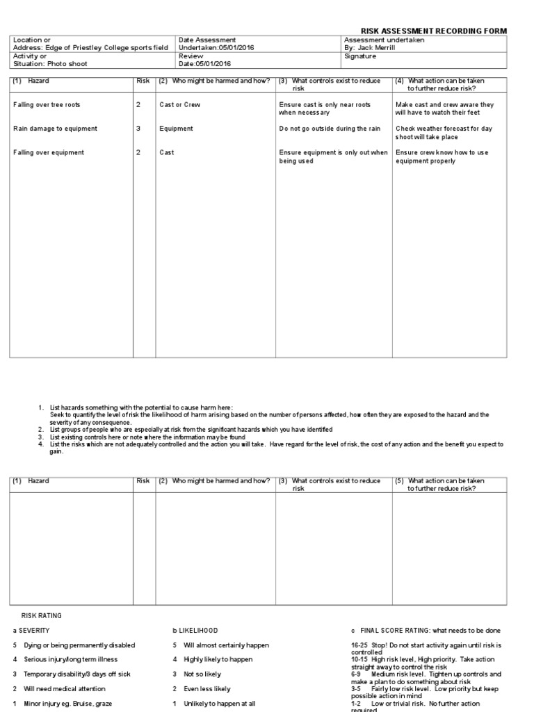 Photo Shoot Risk Assessment Form | PDF