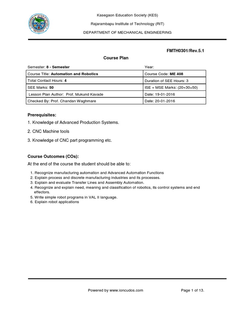 Automation and Robotics Course Plan | PDF | Automation | Robot