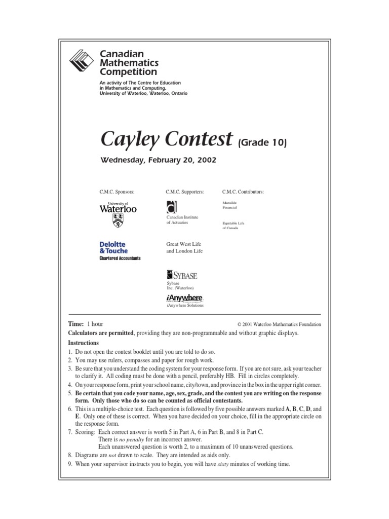 Cayley Contest: Canadian Mathematics Competition | PDF | Perpendicular ...
