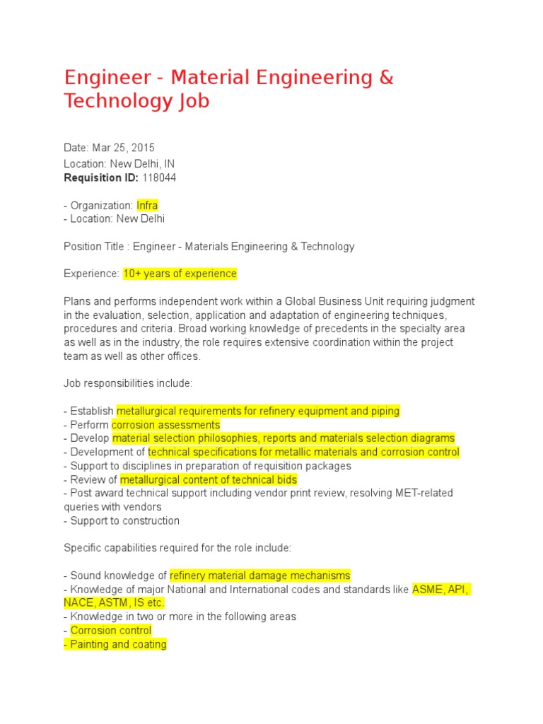 Materials Engineer Job Opportunity | PDF | Metallurgy | Engineering