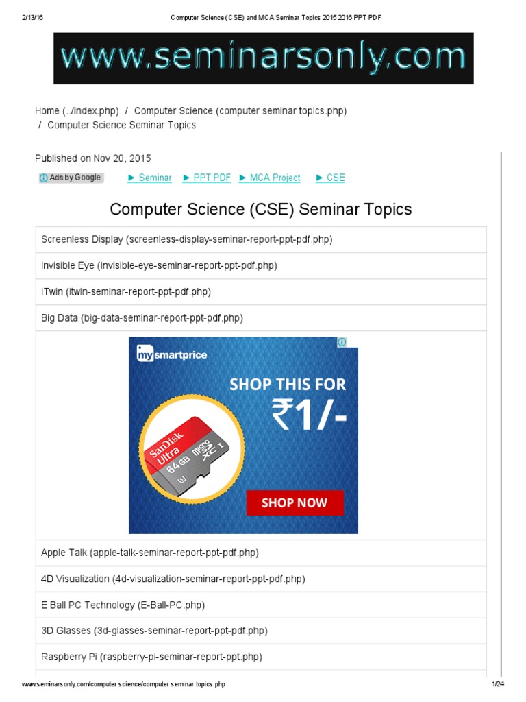Computr Sceience (CSE) and MCA Seminar Topics 2015 2016 PDF | PDF ...