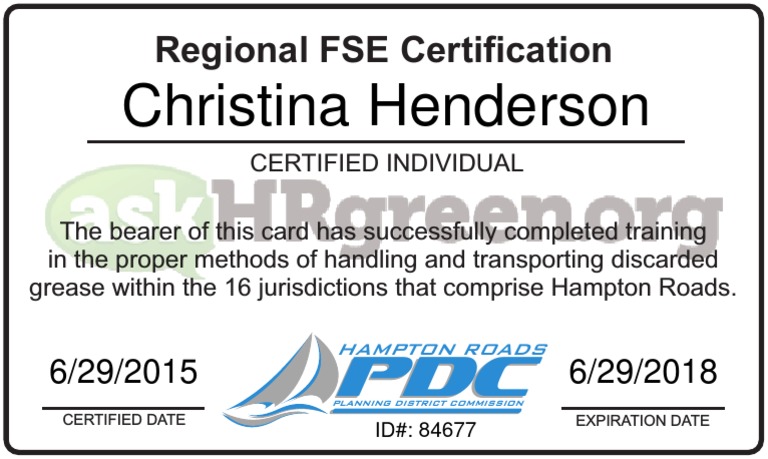 Hampton Roads FSE Certification Card | PDF