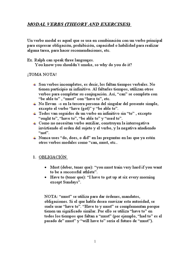 Teoría de Verbos Modales y Ejercicios | PDF | Escuelas | Idiomas