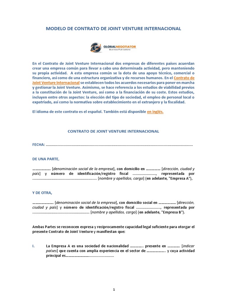 Modelo Contrato Joint Venture Internacional Ejemplo