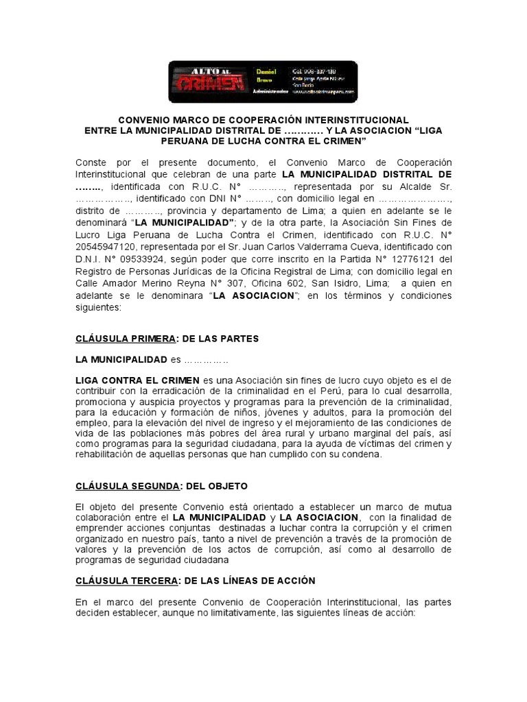 Modelo Convenio Marco Liga Municipalidad | PDF | Corrupción política | Lima