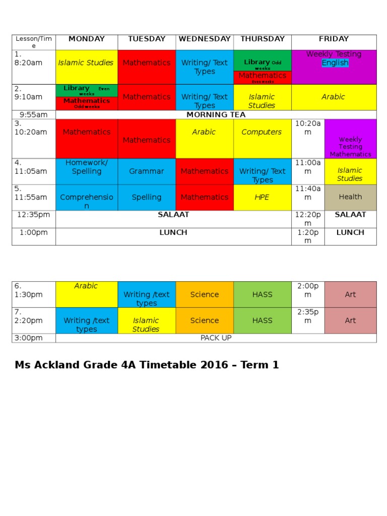 Grade 4A Weekly Timetable | PDF