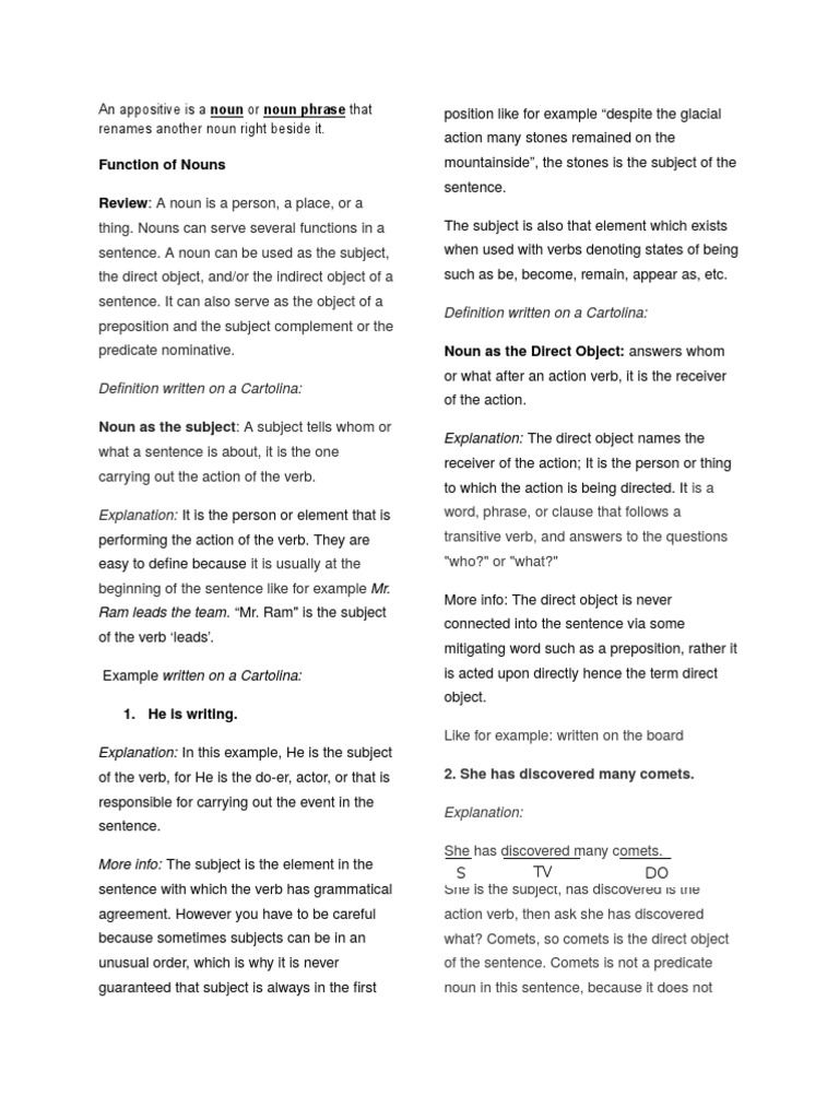 Functions of Nouns and Pronouns Explained | PDF | Object (Grammar) | Verb