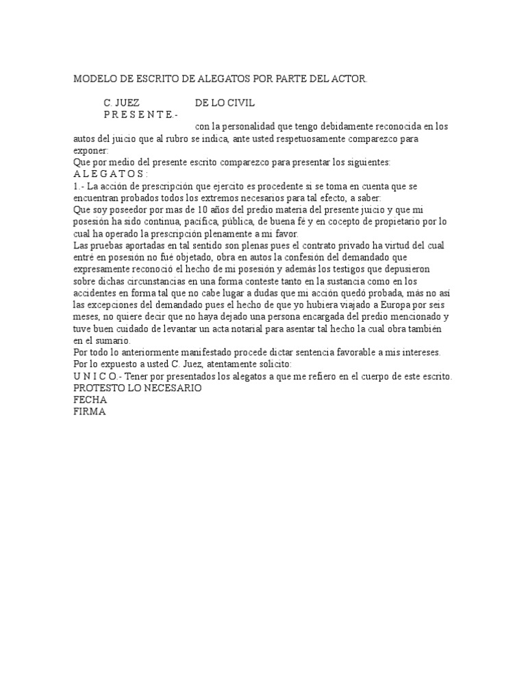 Modelo de Escrito de Alegatos Por Parte Del Actor | PDF | Posesión (Ley ...