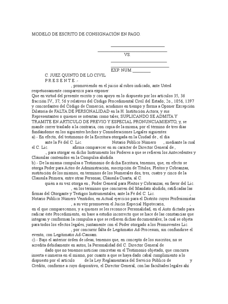 Modelo de Escrito de Consignación en Pago | PDF | Justicia | Crimen y  violencia