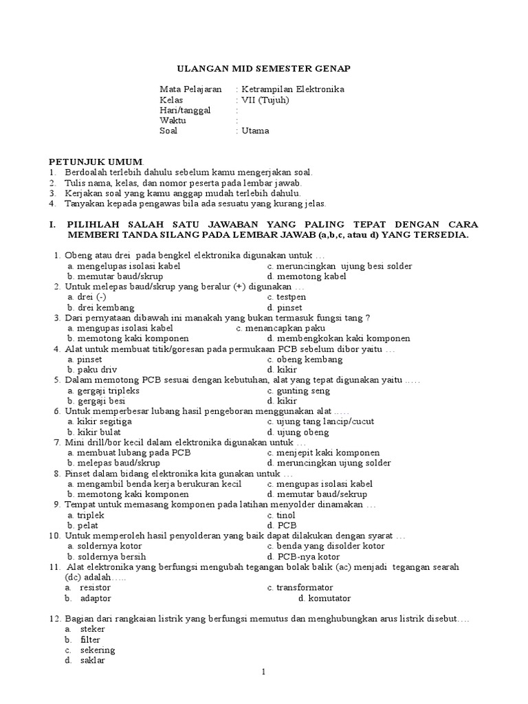 Soal Mid Elektro Kls 7 Smst 2 Utama Doc