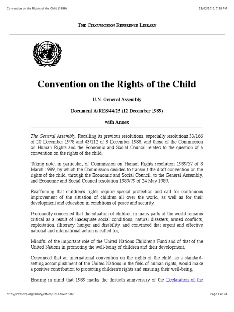 Convention On The Rights of The Child (1989) PDF Children's Rights Best Interests