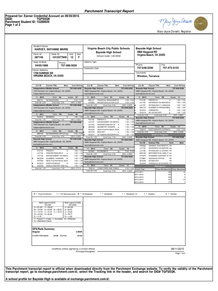 Parchment Transcript Report PDF Sat Academia