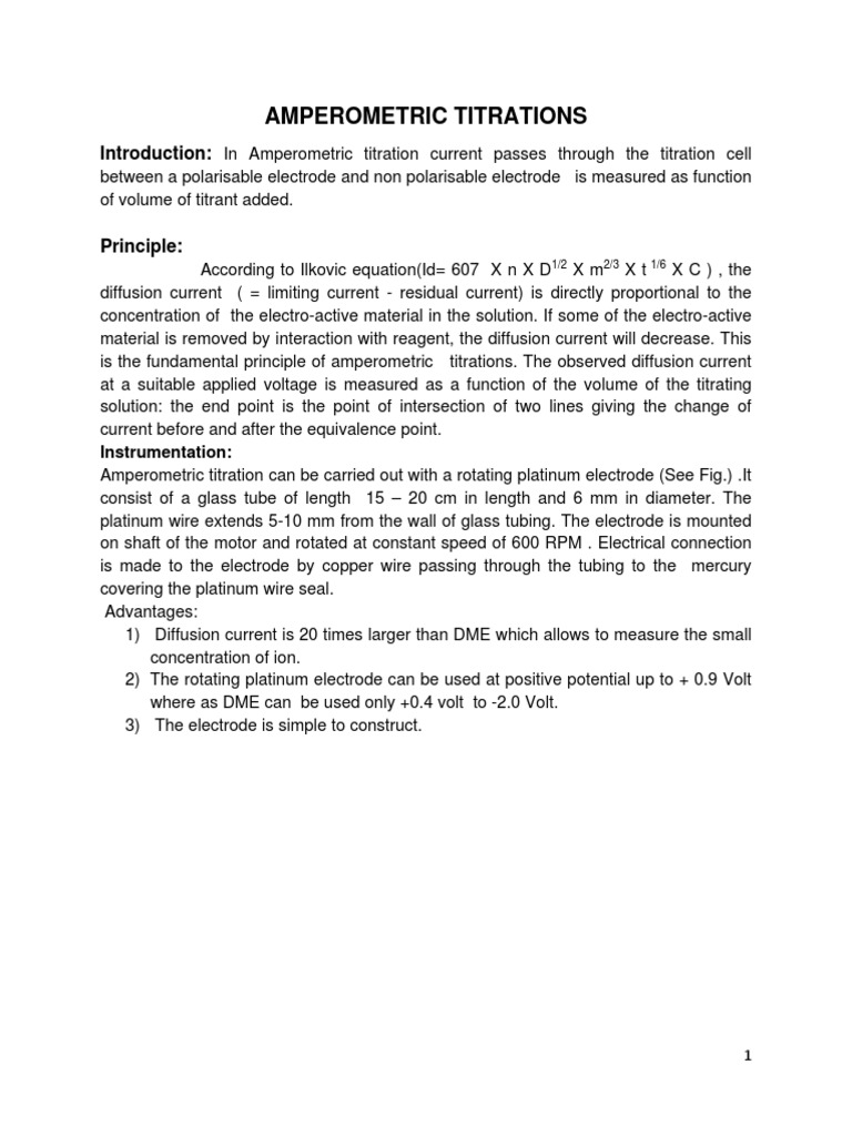Amperometric Titrations PDF Titration Chemistry