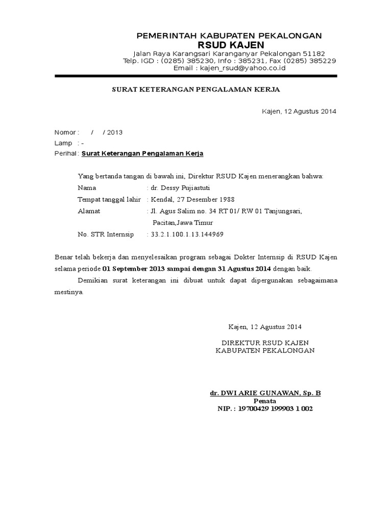 Surat Pengalaman Kerja Internsip