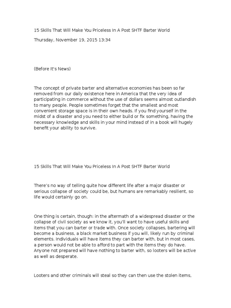 Essential Skills for Post-SHTF Bartering | PDF | Bleach | Barter