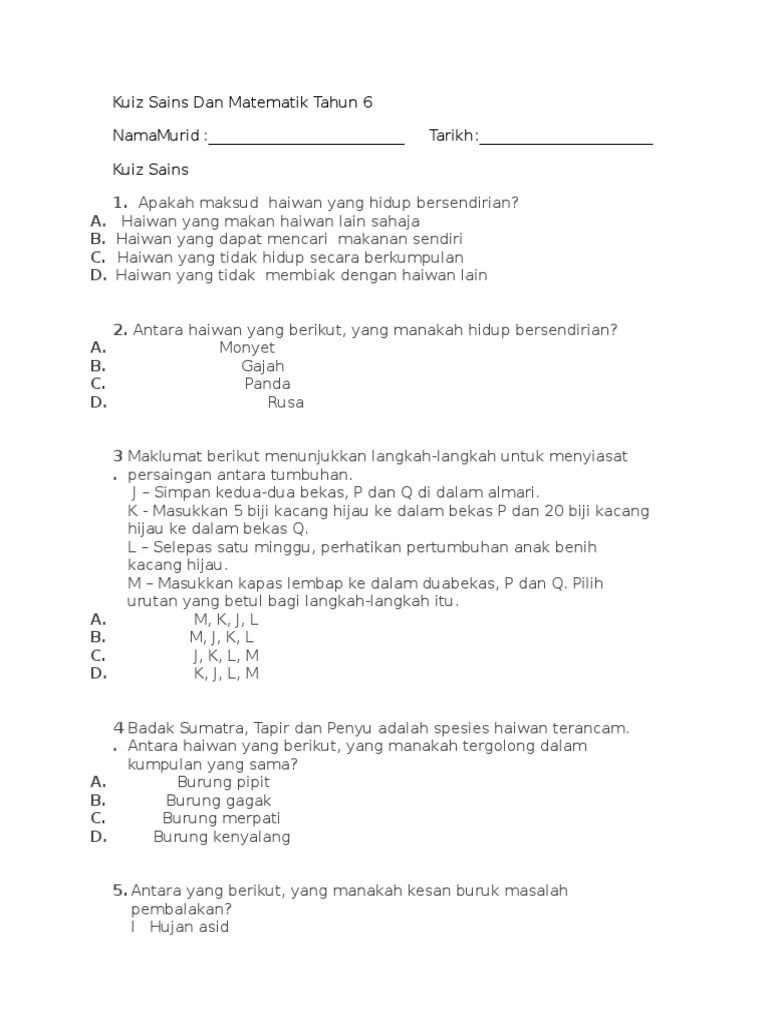 Kuiz Sains Dan Matematik Tahun 6 Pdf