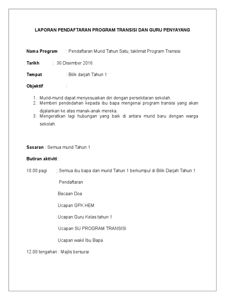 Laporan Pendaftaran Program Transisi Dan Guru Penyayang
