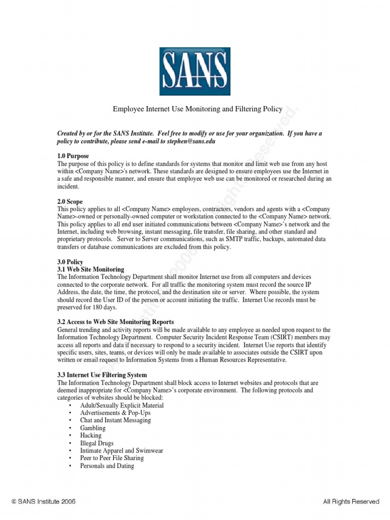 Employee Internet Use Monitoring Policy | PDF