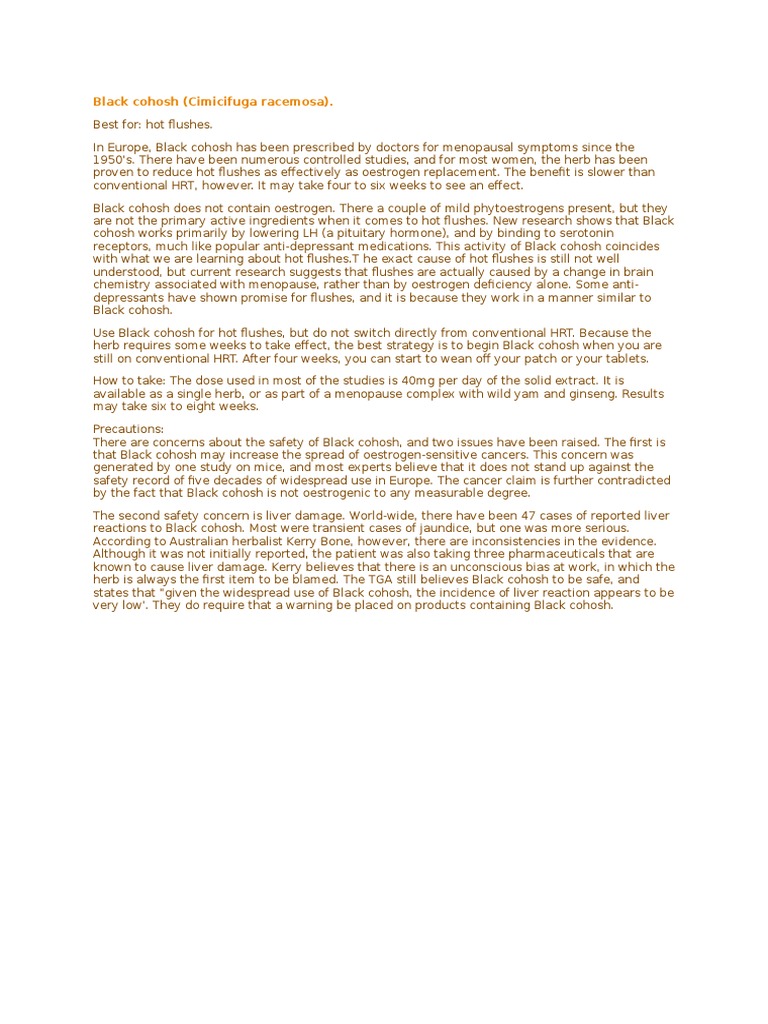 Black Cohosh (Cimicifuga Racemosa) Download Free PDF Hot Flash Hormone Replacement Therapy