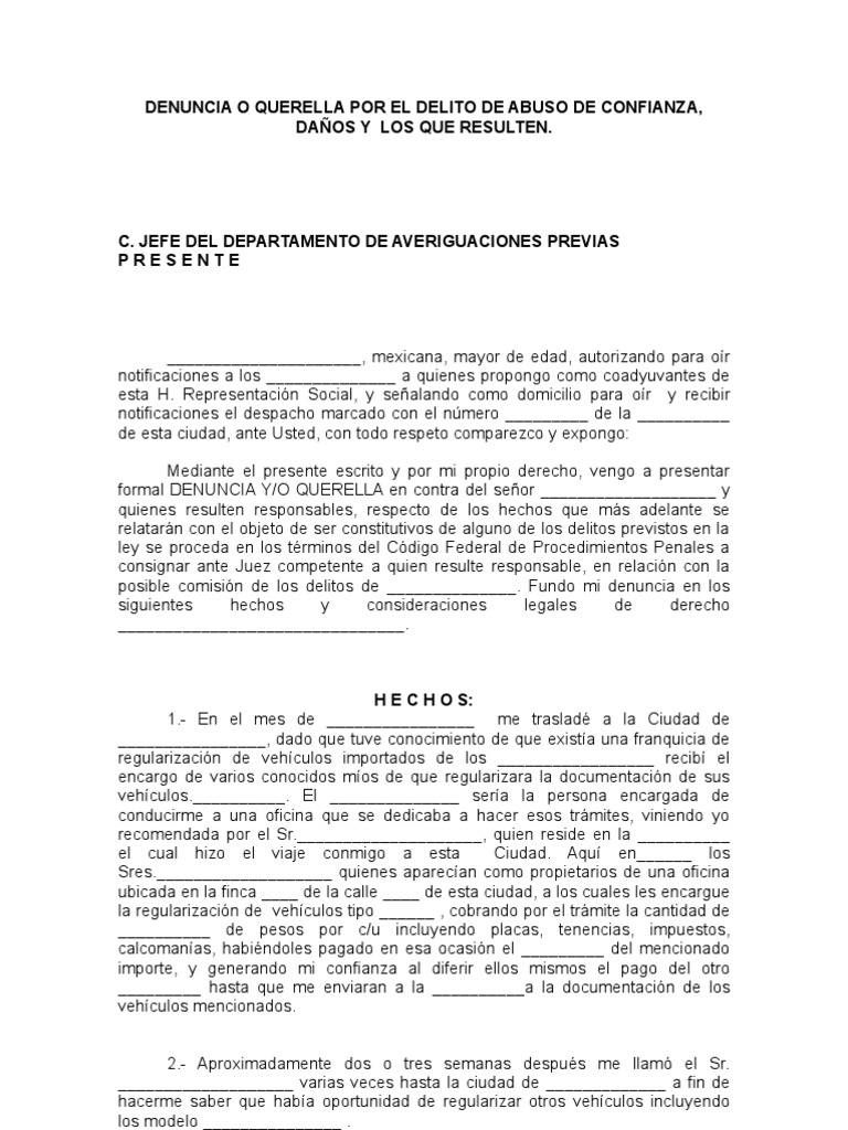 Denuncia por Abuso de Confianza | PDF | Queja | Derecho penal