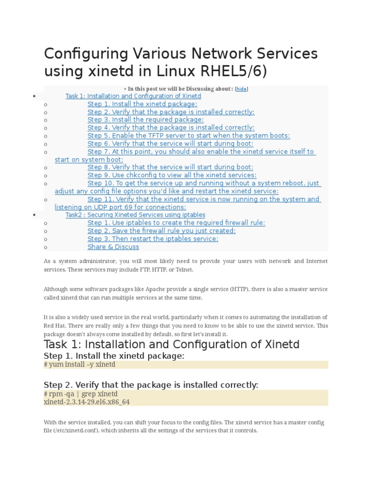 Configuring Various Network Services Using Xinetd in Linux RHEL5 | PDF |  Firewall (Computing) | Port (Computer Networking)