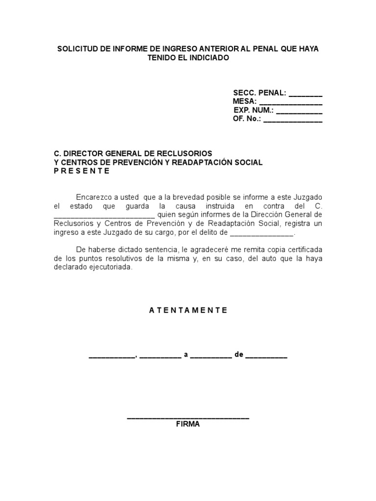 SOLICITUD DE INFORME DE INGRESO ANTERIOR AL PENAL QUE HAYA TENIDO EL ...