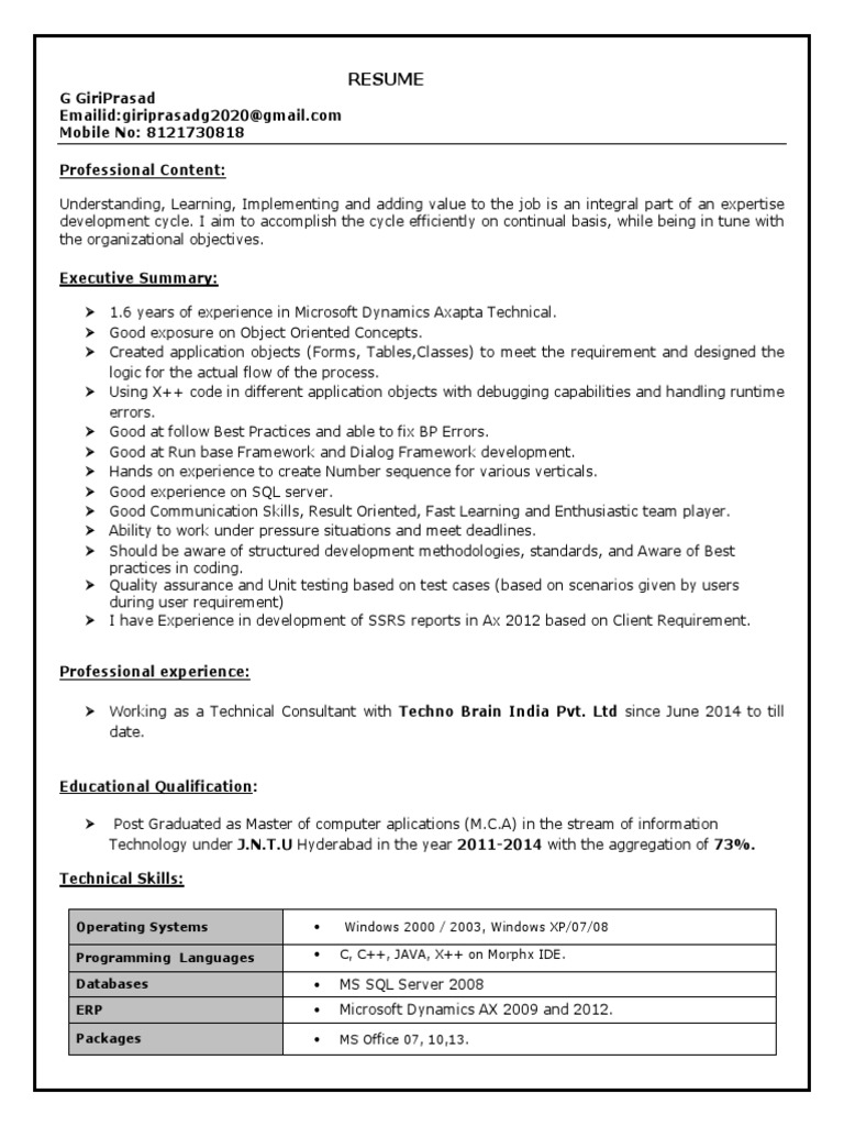 DYNAMICS AX SAMPLE RESUME Microsoft Sql Server Object Oriented