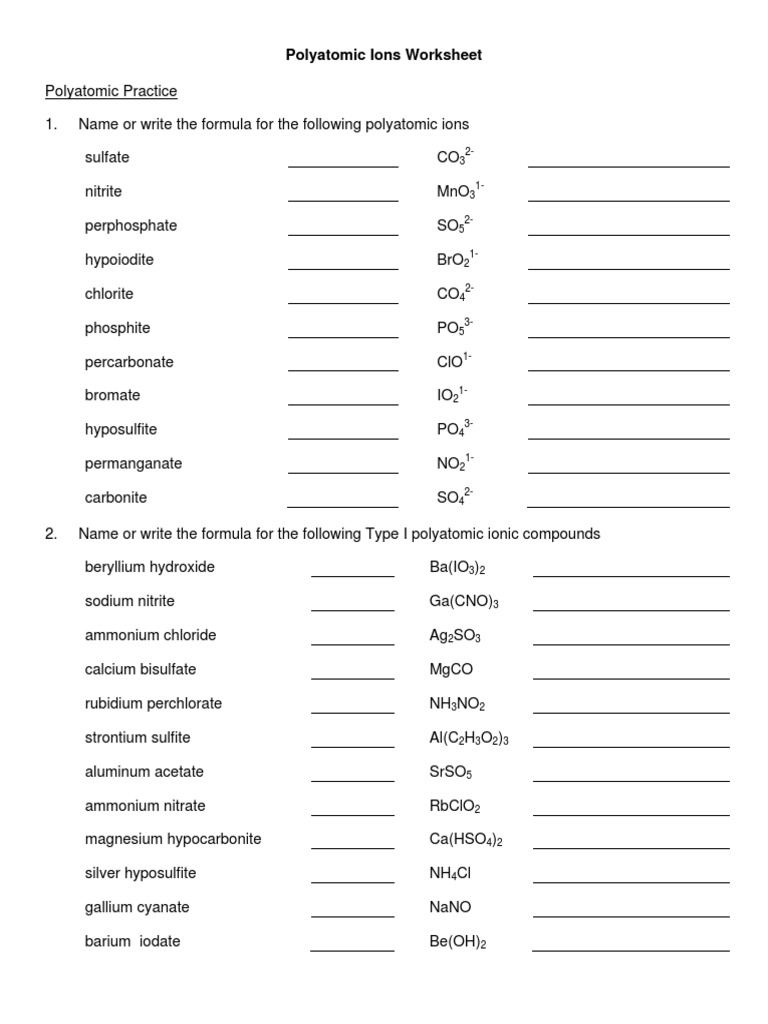 Polyatomic Ions Worksheet Complete Hydroxide Acetate