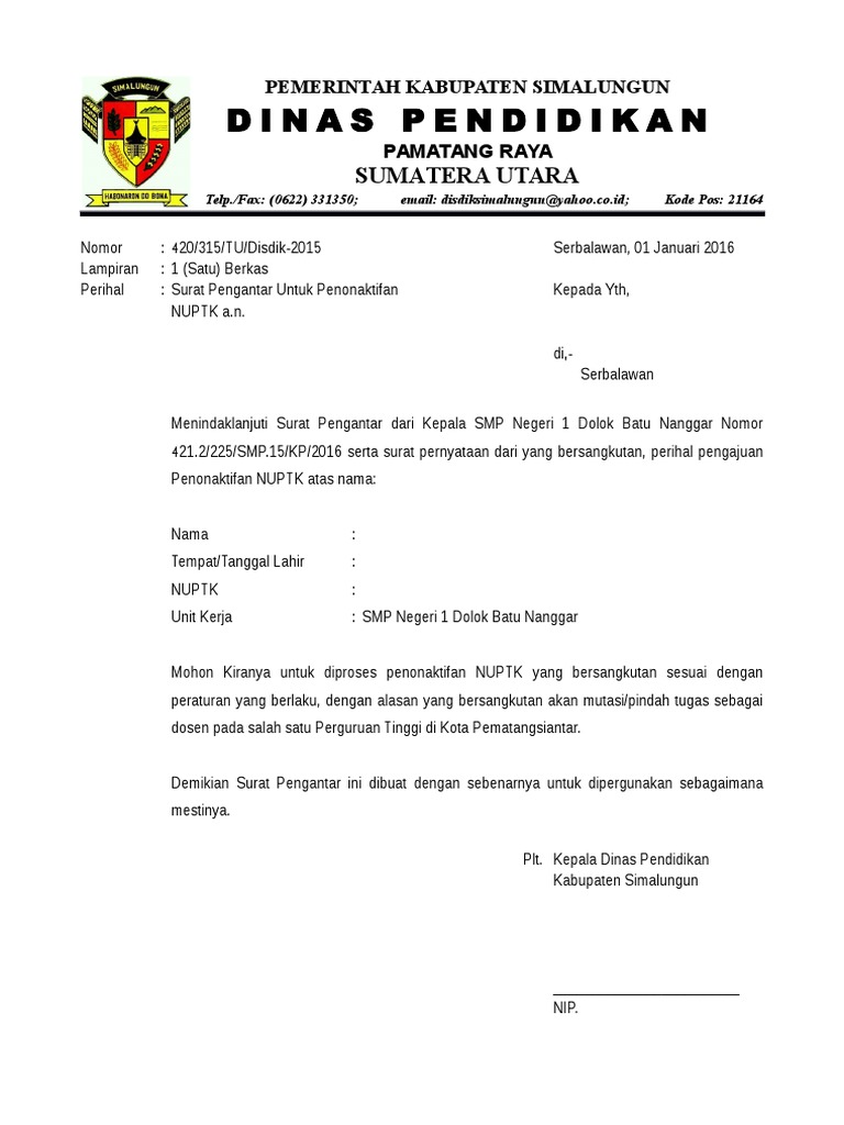 Contoh Surat Pernyataan Penonaktifan NUPTK  PDF