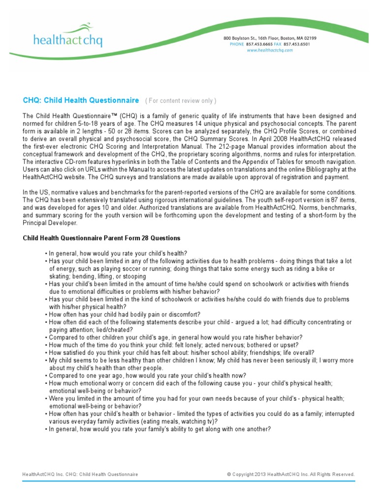 CHQ Child Health Questionnaire (For Content Review Only) PDF