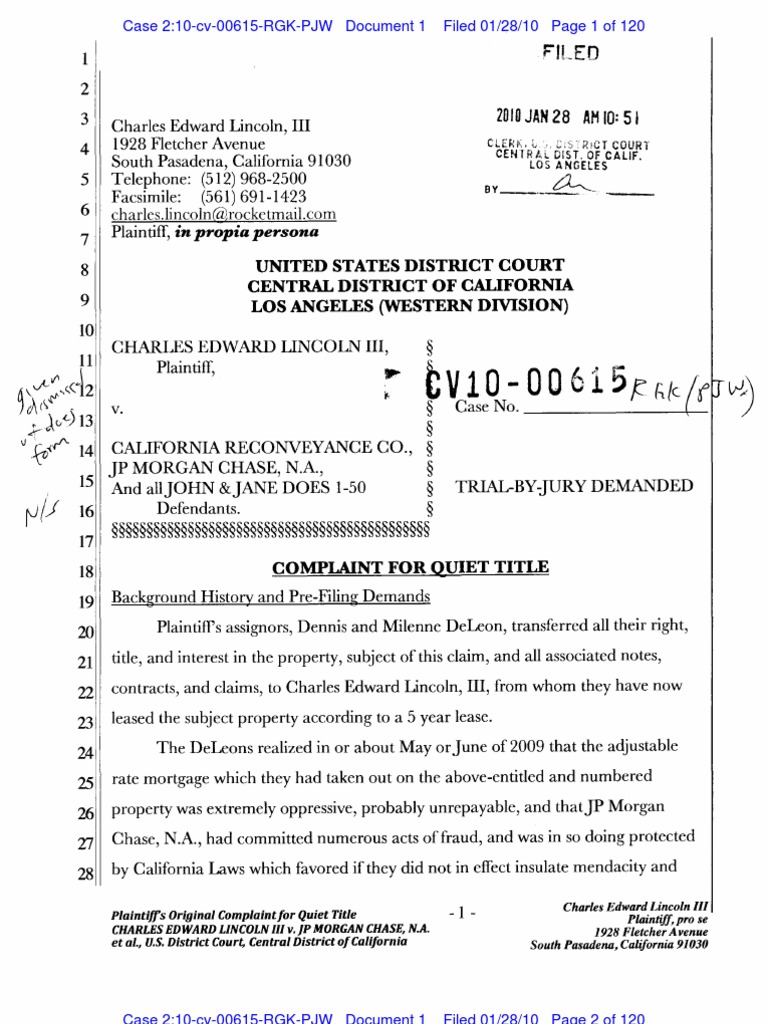 California Quiet Title Complaint by Charles Lincoln 20100128
