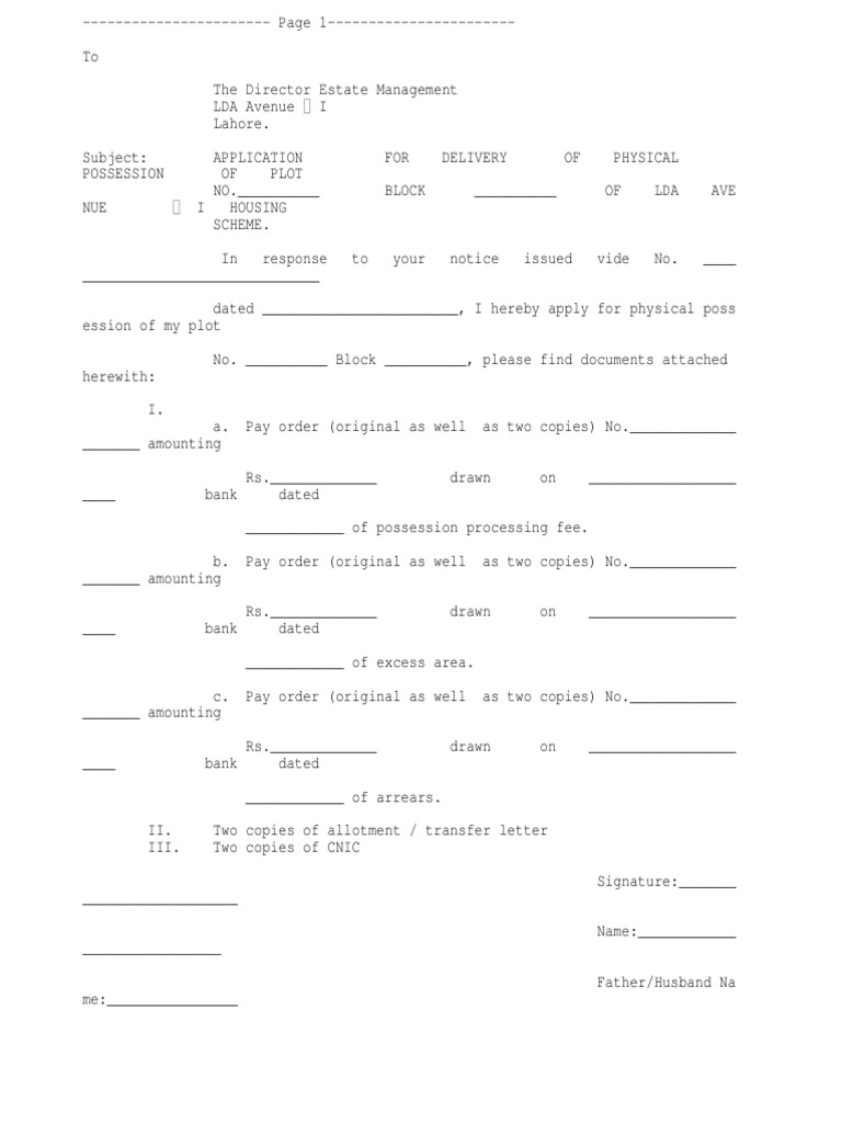 LDA Plot Possession Application Form | PDF