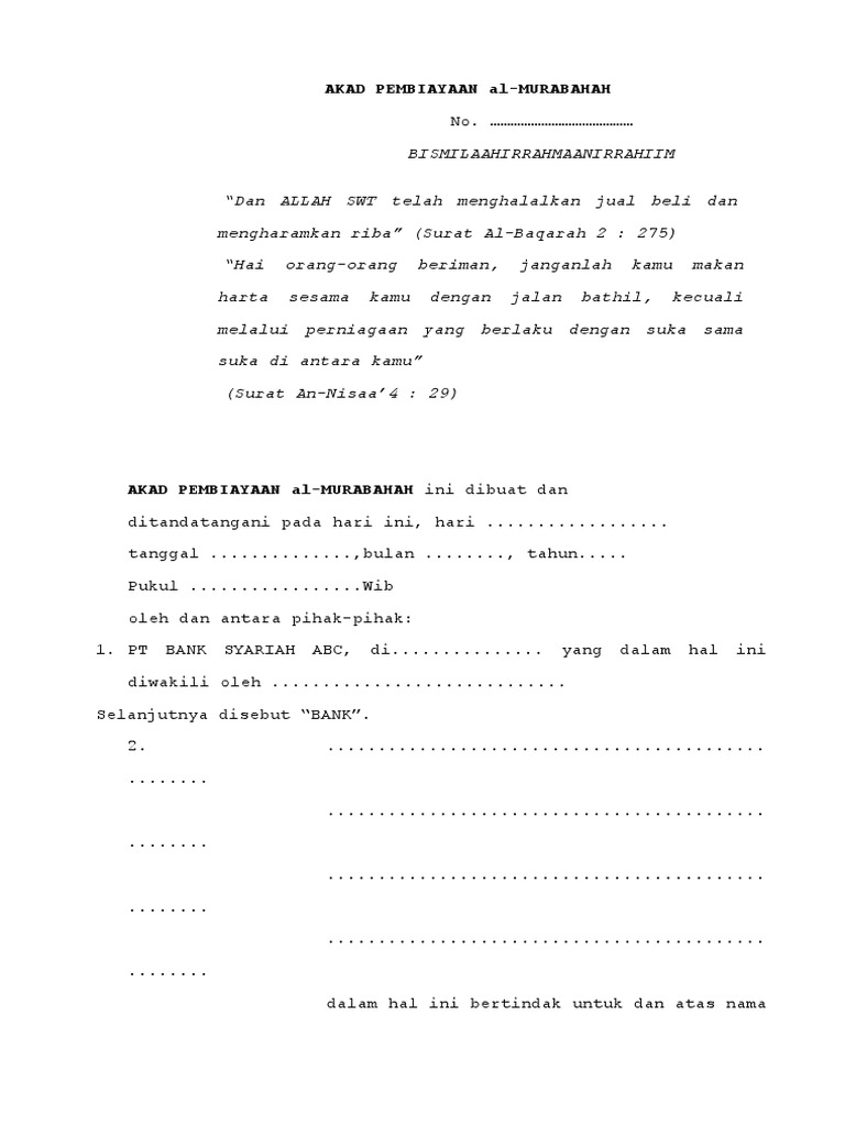 Contoh Akad Pembiayaan Al Murabahah