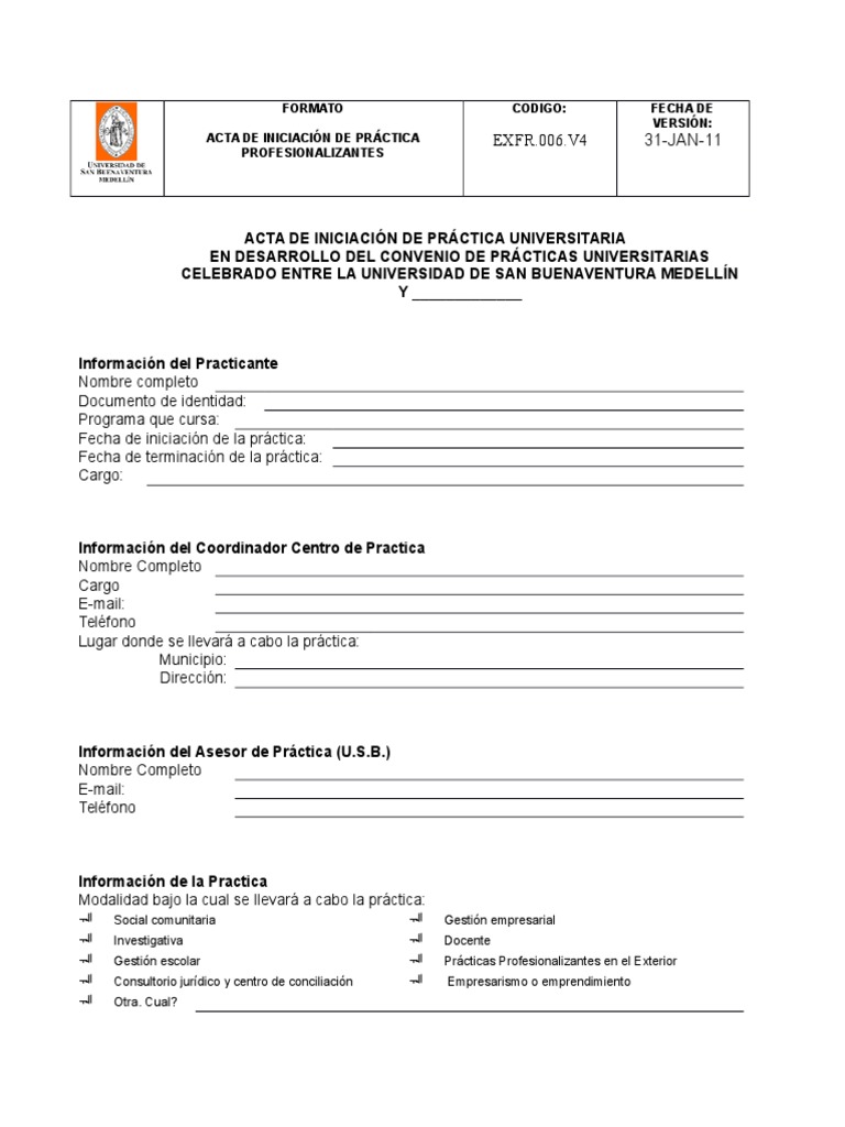 Acta de Inicio de Práctica Universitaria | PDF