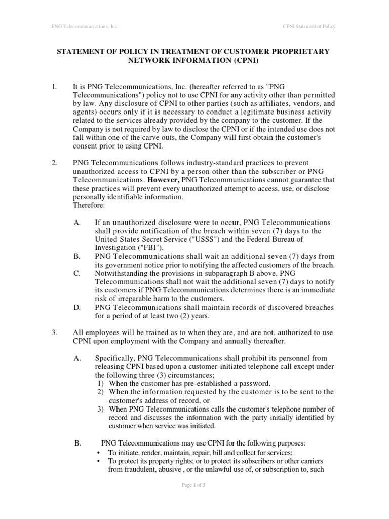 Internal STATEMENT OF POLICY IN TREATMENT OF CUSTOMER PROPRIETARY