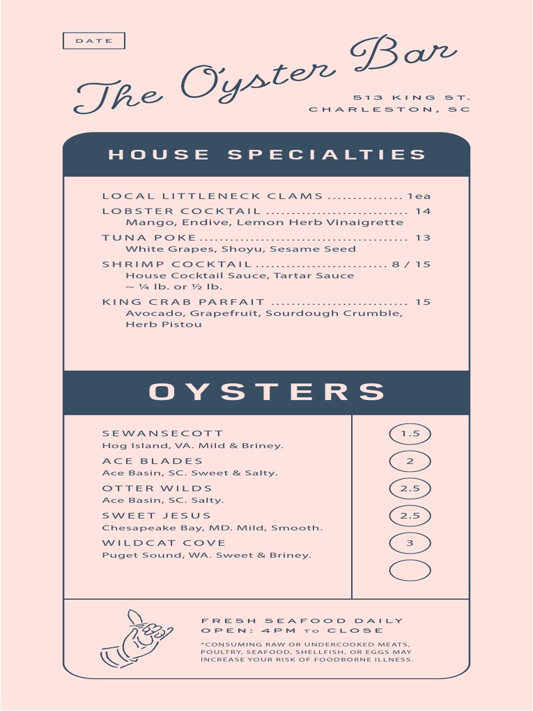 The Darling Oyster Bar Menu