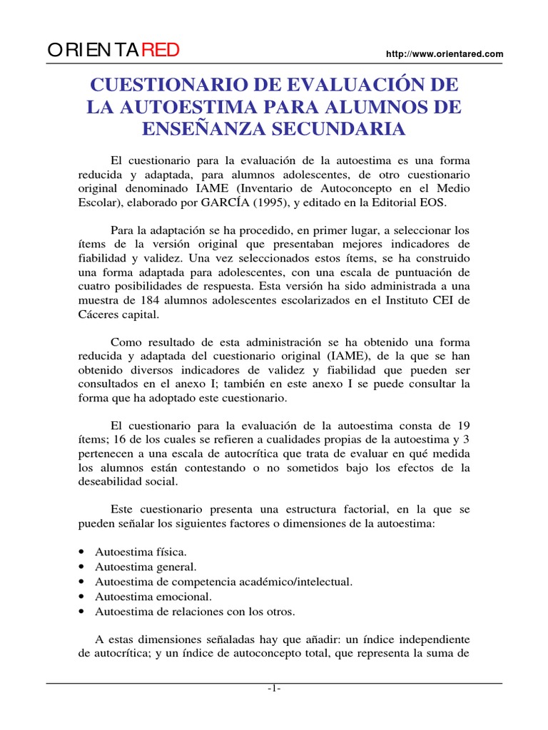 Cuestionario Evaluación de Autoestima Adolescentes | PDF