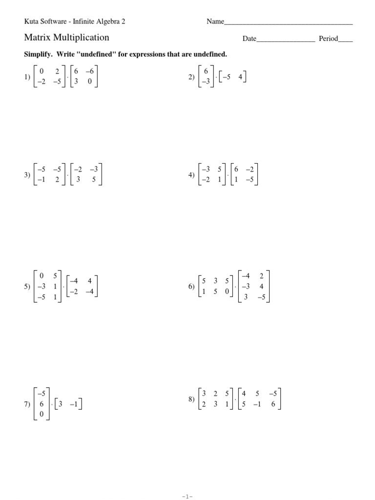Matrix Multiplication  PDF Throughout Algebra 2 Worksheet Pdf
