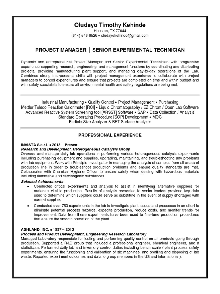 Chemical Lab Manager Project Manager In Houston TX Resume Oludayo
