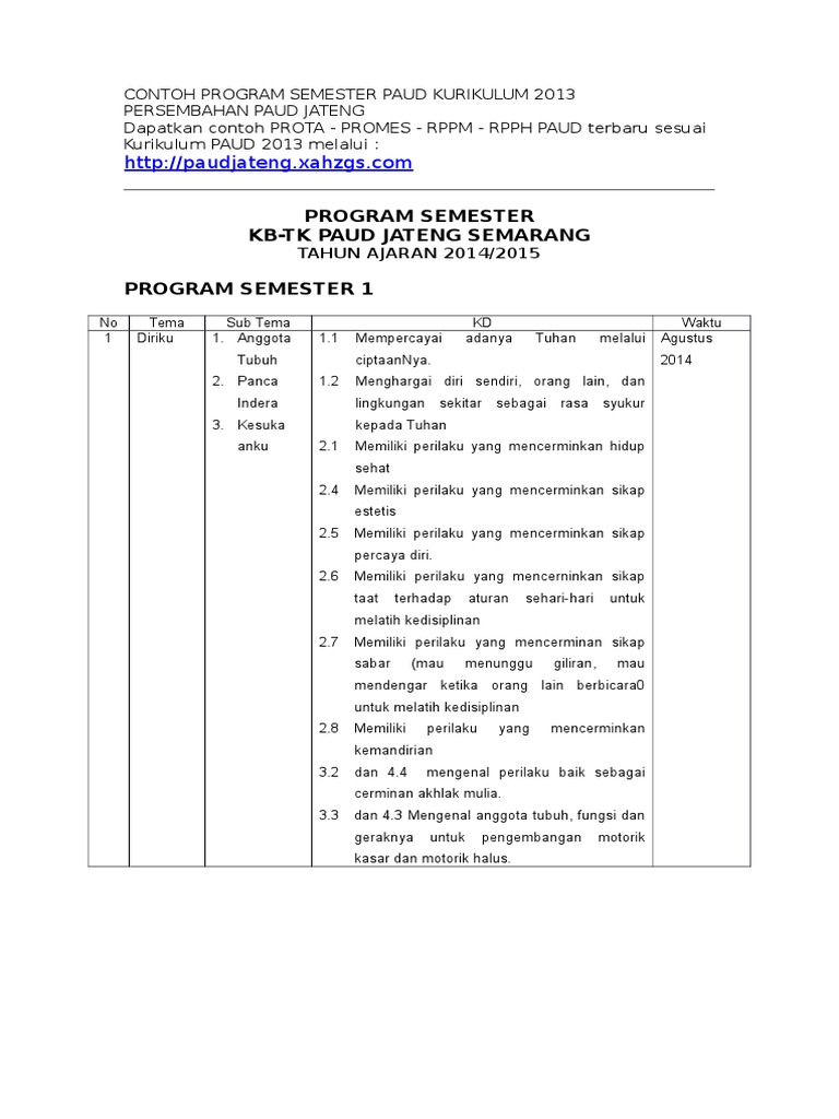 Contoh Program Semester Paud Kurikulum 2013 New