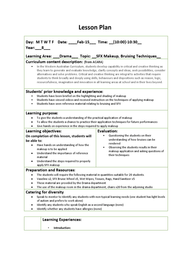 SFX Makeup Lesson Plan for Students | PDF | Lesson Plan | Understanding