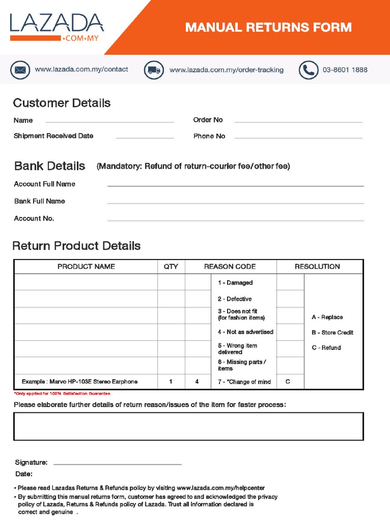 Manual Return Form lazada