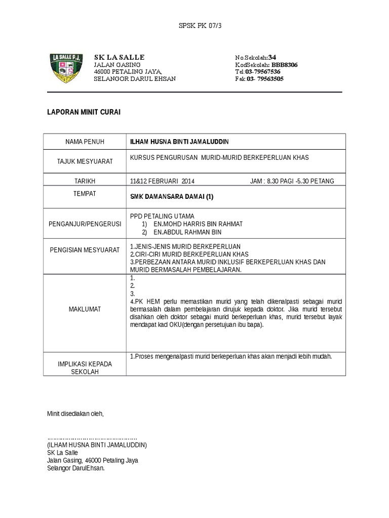 Contoh Format Laporan Minit Curai Spsk