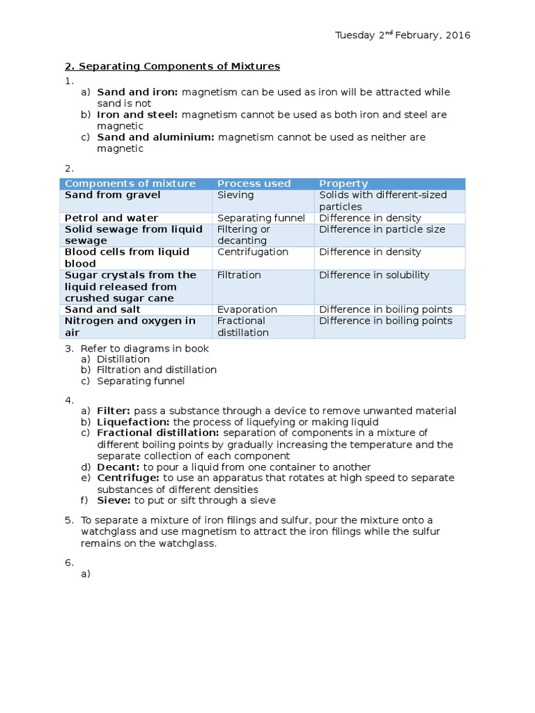 Separation of mixtures worksheet picture