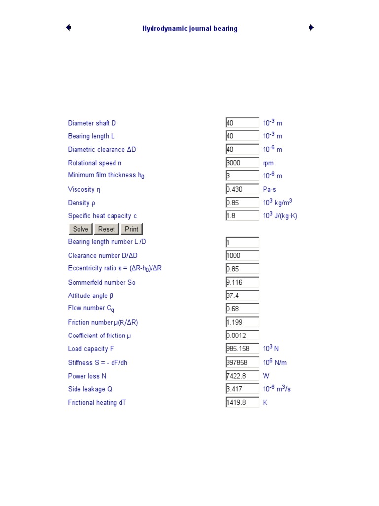 Hydrodynamic Journal Bearing Calculator | PDF